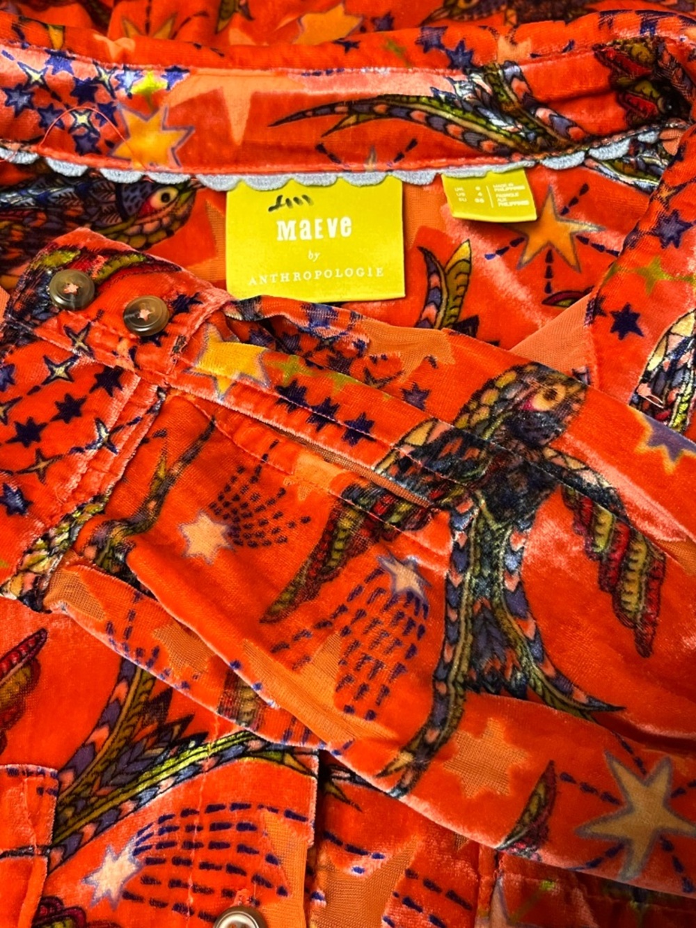 ANTHROPOLOGIE x MAEVE Birds + Boho Velveteen Shirt Orange Button Up 4 Festival - Picture 7 of 8